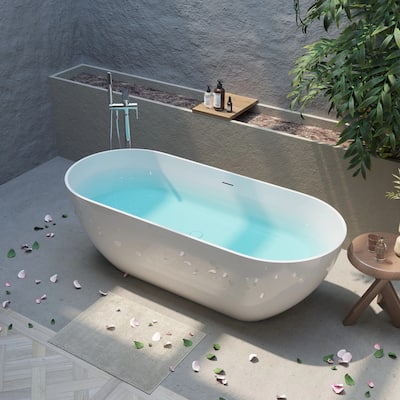 ABRUZZO Glossy White Freestanding Solid Surface Bathtub with Overflow and Pop-up Drain