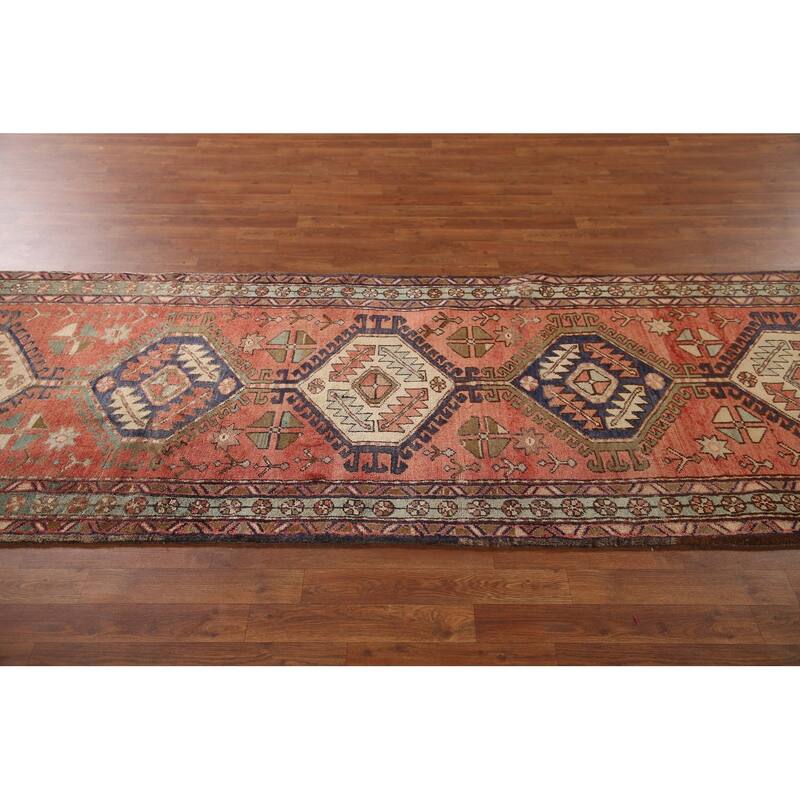 Vegetable Dye Tribal Orange Heriz Persian Vintage Runner Rug - 3'6"x 10'7"