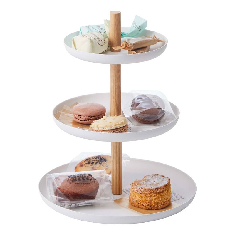 Yamazaki Home Serving Stand, Steel and Wood, Holds 6.6 lbs - L 7.87 x W 7.87 x H 9.45 inches - White - L 7.87 x W 7.87 x H  9.45 inches