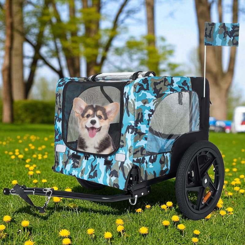Heavy Duty Collapsible Pet Bike Trailer with 16" Wheels, Foldable Dog Bicycle Carrier Cart with Hitch & Reflectors - Blue Black