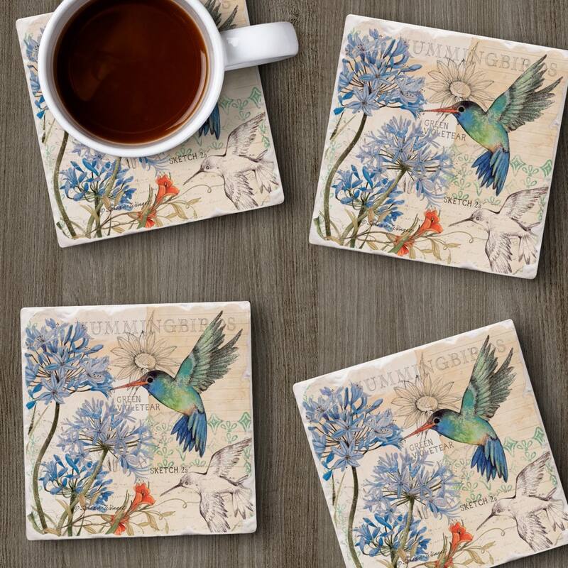 Hummingbird Study 4-Pack Absorbent Stone Coasters with Protective Cork Backing 4" Square Made in The USA Easily Wipes Clean