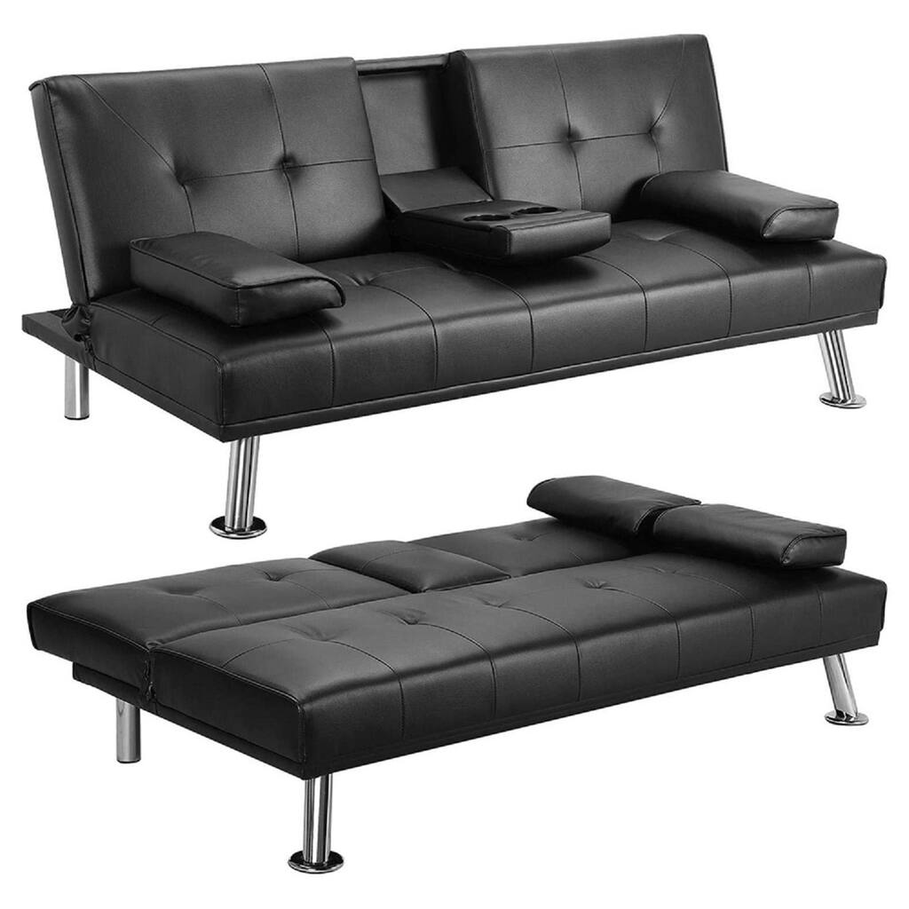 CUSchoice Black Futon Sofa With Modern Faux Leather, Removable Soft Armrests