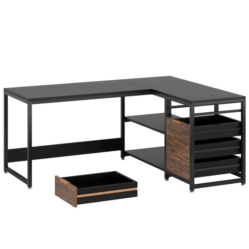 59" L-Shaped Computer Desk with Drawers and Storage Shelves, Reversible, Black