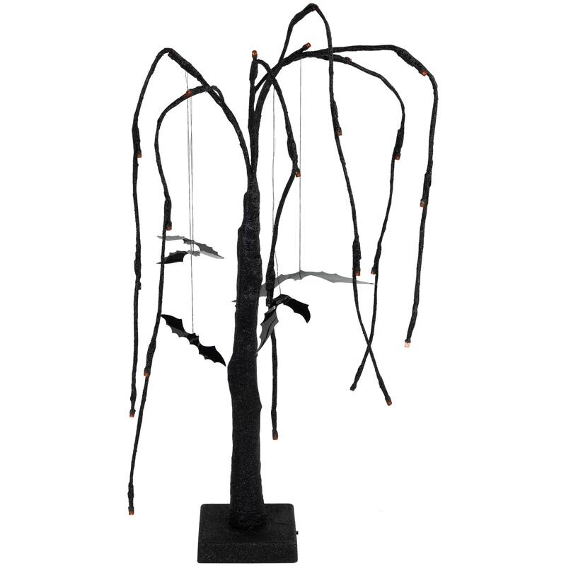 24" LED Black Glittered Halloween Willow Tree With Bats Orange Lights