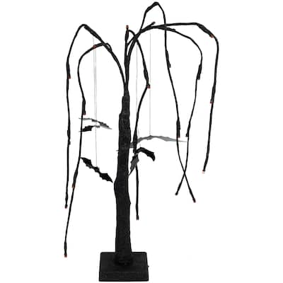 24" LED Black Glittered Halloween Willow Tree With Bats Orange Lights