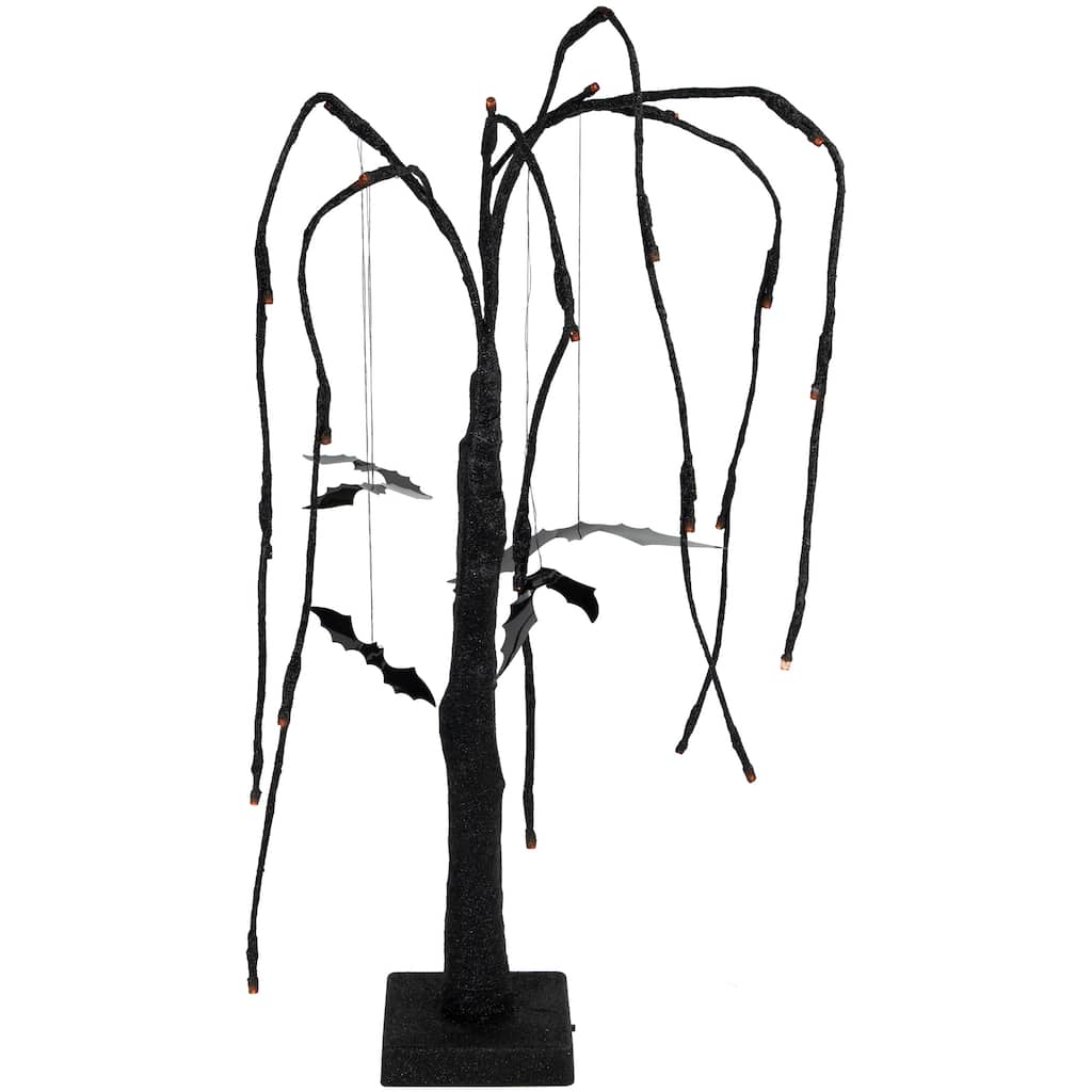 24" LED Black Glittered Halloween Willow Tree With Bats Orange Lights