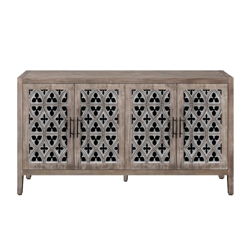 Hollowed-Out Floral 4 Doors Antique Cabinet, Freestanding Wooden Storage Cabinet, Accent Cabinet with Adjustable Shelf