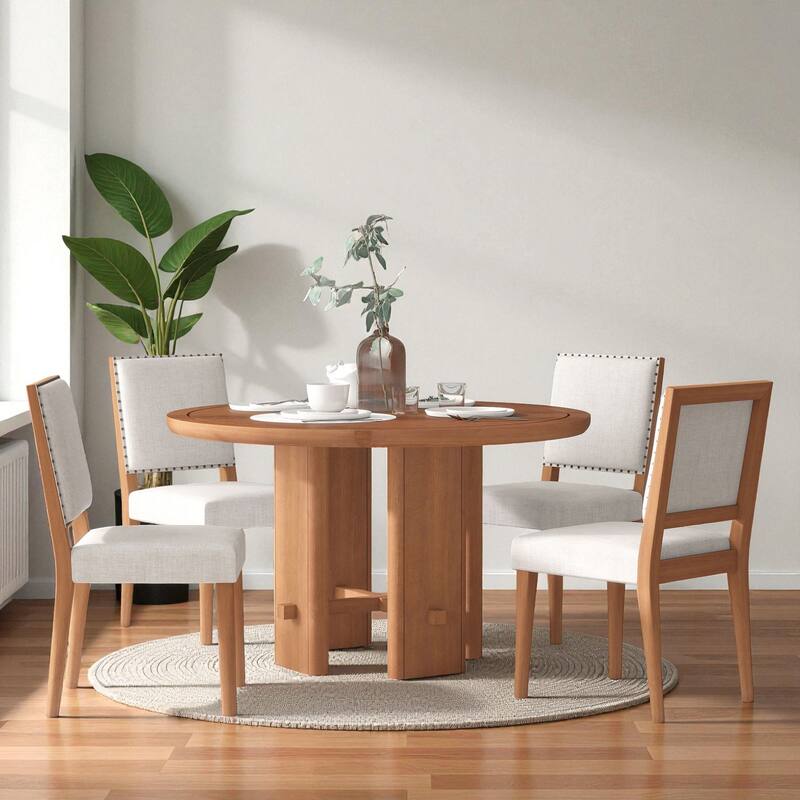 5-Piece Round Farmhouse Dining Table Set, 46.9" Wood Table with 4 Upholstered Chairs, Modern Rustic Kitchen Furniture