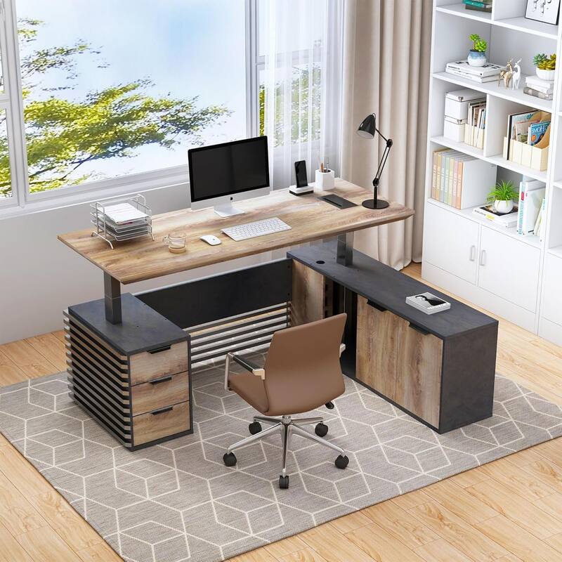 Adjustable L-Shaped Executive Desk with Outlets File Cabinets 3 Drawers Custom Size & Color