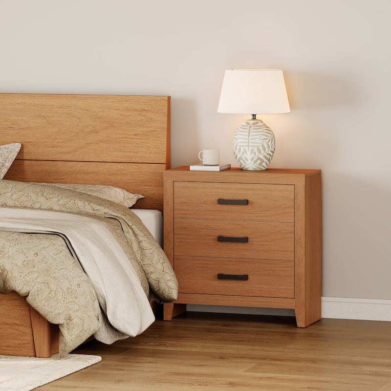 WAMPAT Farmhouse Nightstand with 3 Drawers, Large Wood Bedside Table