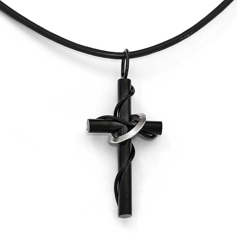 Stainless Steel Polished and Brushed Black Leather /& Rubber Necklace 19in