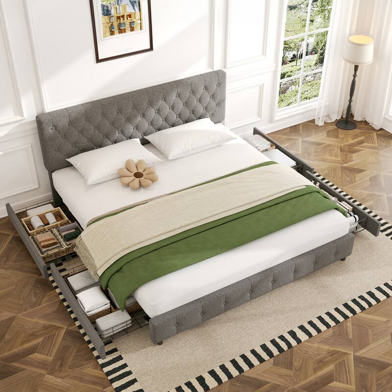 Linen Upholstered Headboard Bed Frame with Large Hidden Storage, 4 Underbed Drawers with Pulleys