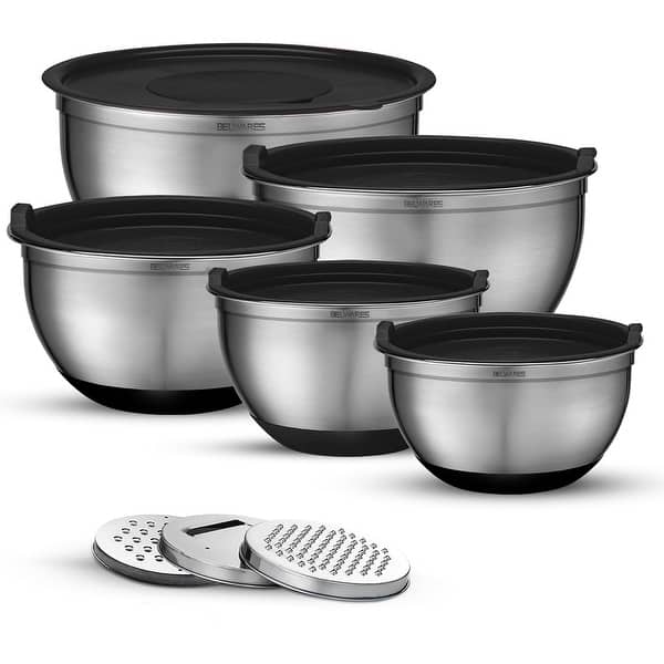 Belwares 5-Piece Stainless Steel Mixing Bowls with Airtight Lids and Graters - Non-Slip Nesting Bowls Set - Black