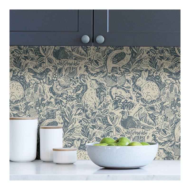 NuWallpaper Blue Terrene Illustrative Woodland Pattern Peel-and-Stick Wallpaper - 216in x 20.5in x 0.025in