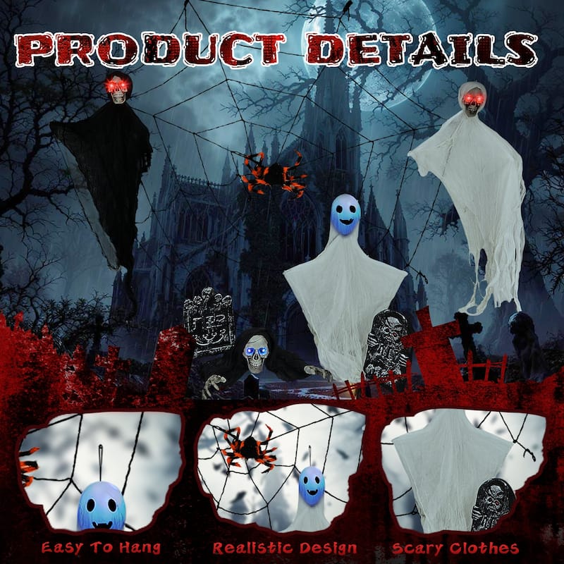 8-Piece Halloween Decorations Set with LED Eyes Ghosts Gravestones Skeleton and Giant Cobweb