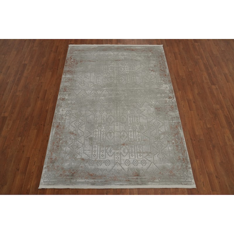 Machine Made Oriental Polyester Carpet Geometric Greys & Charcoal Distressed Area Rug - 7' 5'' X 5' 2''