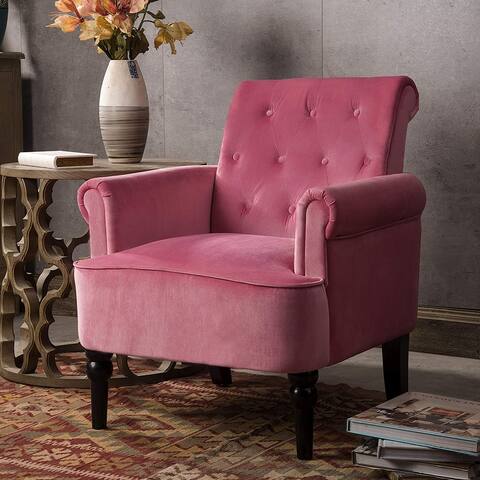 Elegant Button Tufted Club Chair Accent Armchairs Roll Arm Living Room Cushion with Wooden Legs