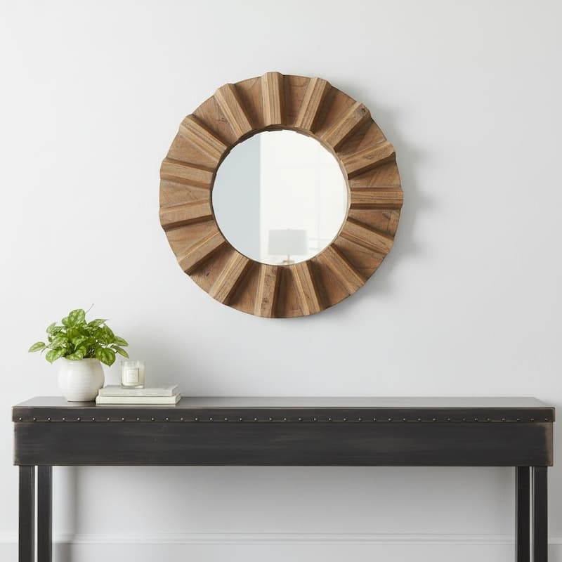 17" Brown Solid Wood Round Geometric Framed Accent Mirror - 4" W x 17" D x 17" H