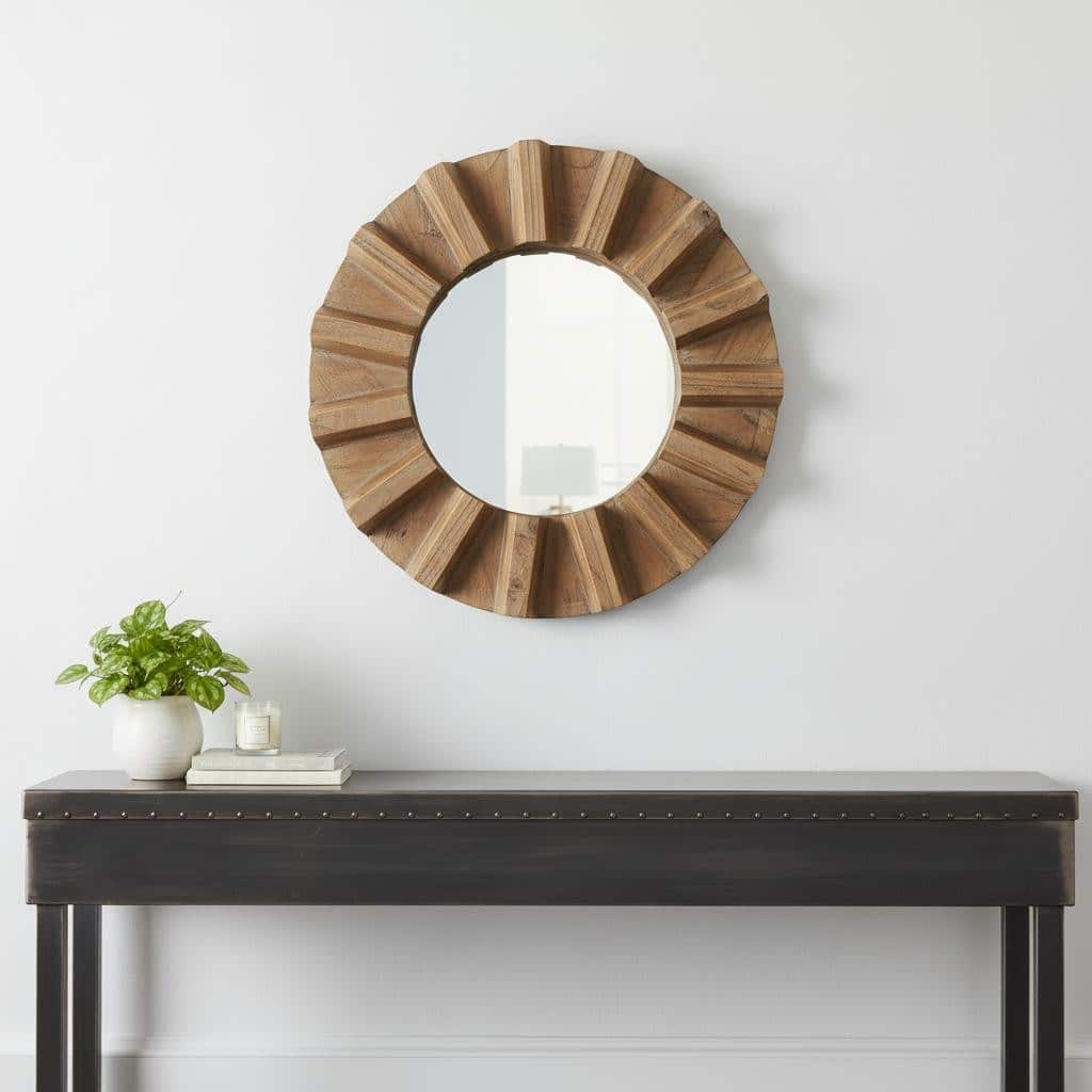 17" Brown Solid Wood Round Geometric Framed Accent Mirror - 4" W x 17" D x 17" H