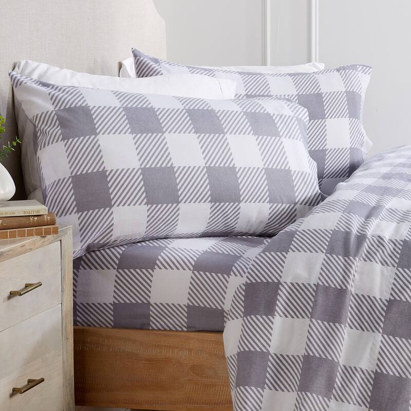 Market & Place Cotton Flannel Novelty Printed Sheet Set - Twin - Buffalo Check Grey