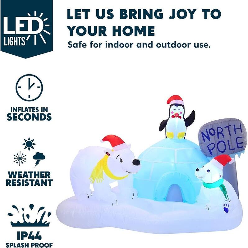 6 FT Long Christmas Inflatable Polar Bear and Penguin with Campfire Decoration, Blow Up Inflatable with Build-in LEDs - White
