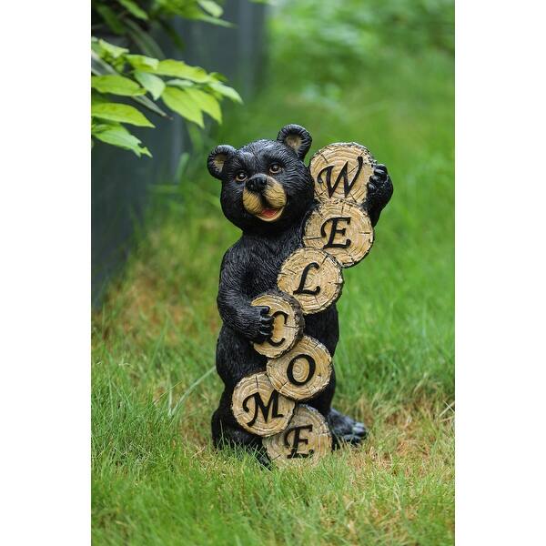 slide 1 of 8, Black Resin Welcome Bear Statue