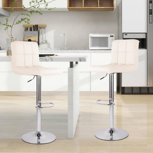 slide 2 of 21, 17" x 19" Modern Upholstered Adjustable Height Swivel Bar Stools （Set of 2） Beige