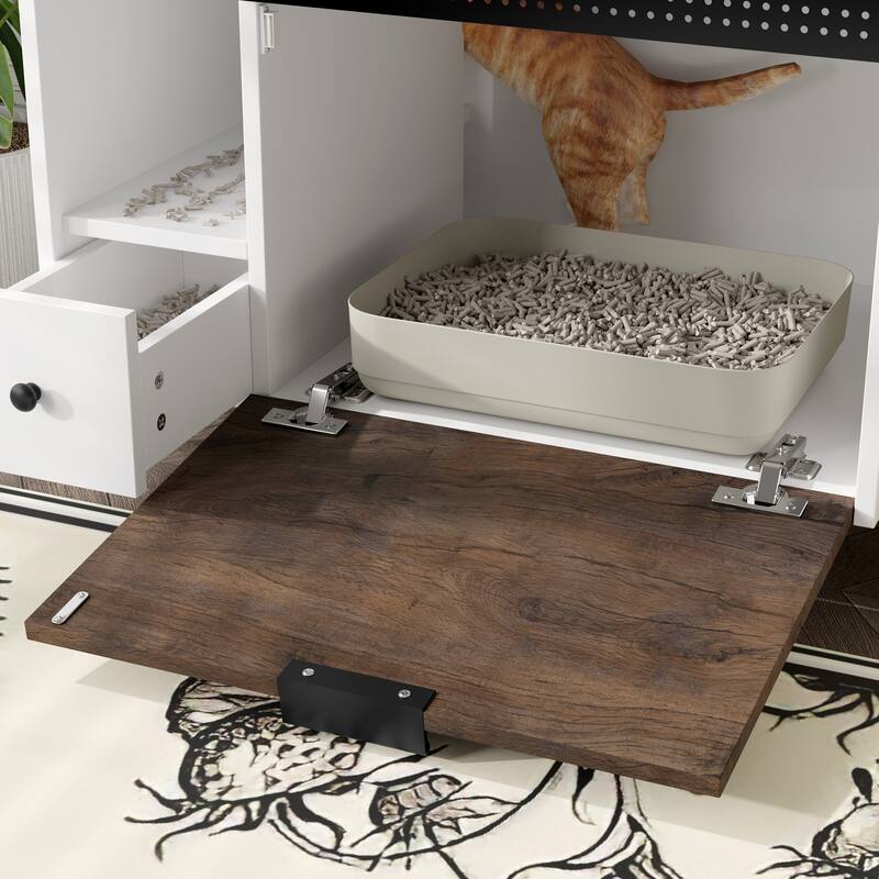 Cat Litter Box Enclosure, Indoor Hidden Cat Litter Box Furniture with 2 Drawers and Door, Cat House End Table for Living room