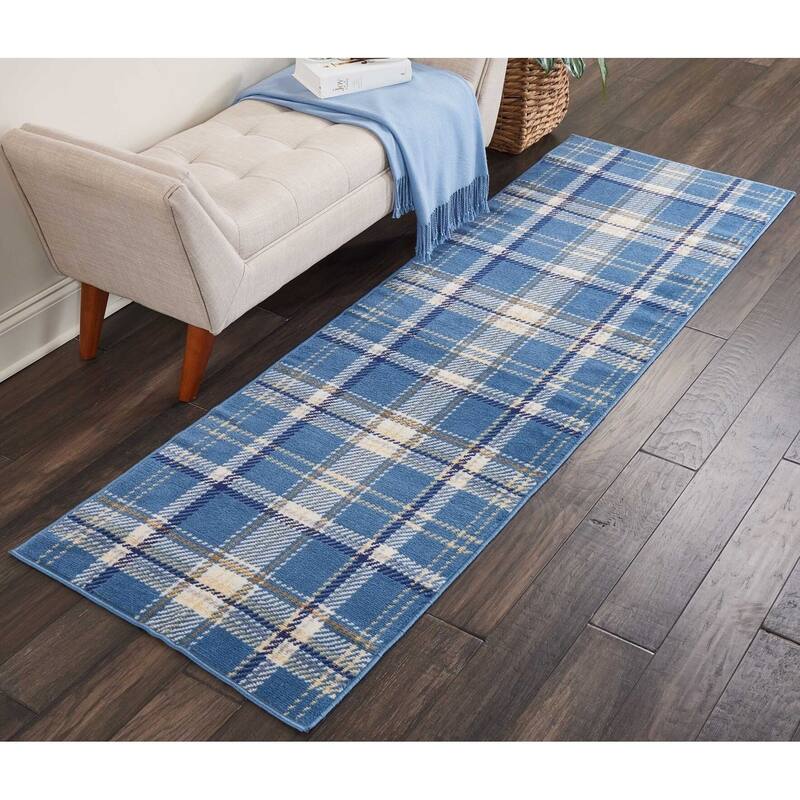 Nourison Grafix Plaid Farmhouse Area Rug - 2'3" x 7'6" Runner - Blue