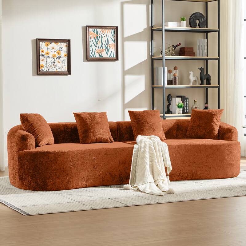 Curved Loveseat Sofa, 110'' Chenille 2-Seater Couch Deep Seat Sectional Couch with 3 Plush Pillows - Orange