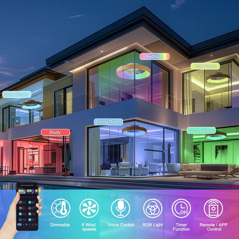 Cusp Barn 20" Modern RGB Ceiling Fans with Light, Low Profile Flush Mount Smart Ceiling Fan with Alexa/Tuya APP/Voice Control