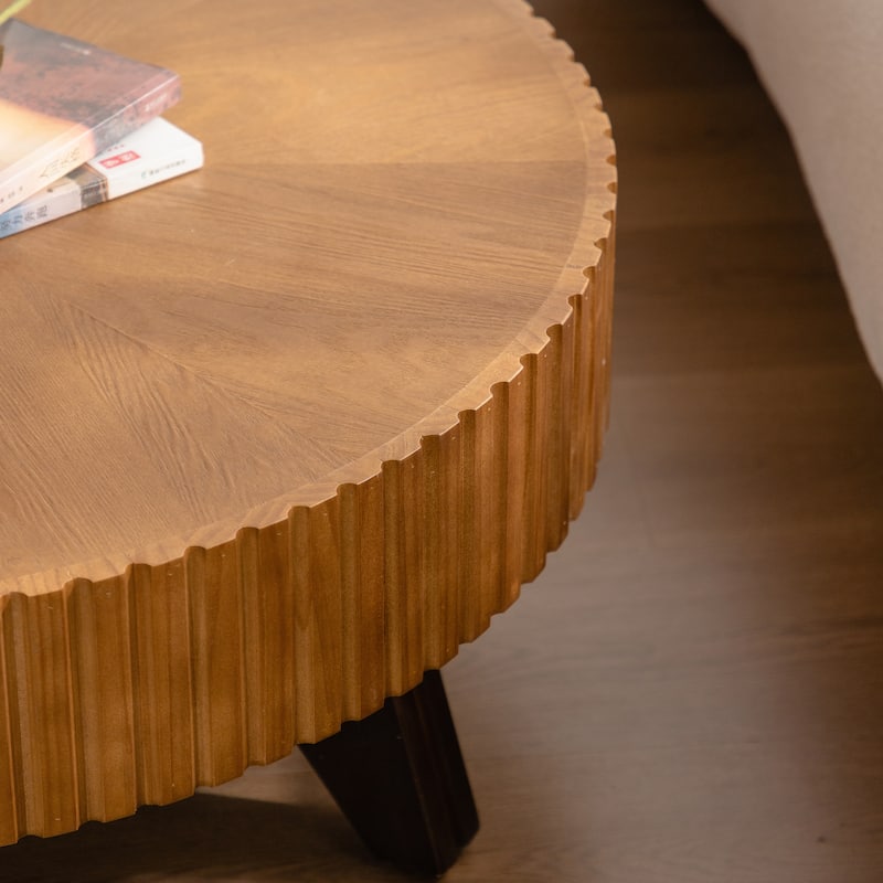 35.4 Inch Retro Round Coffee Table Multifunctional Coffee Table with 3 Solid Wood Legs for Living Room, Brown