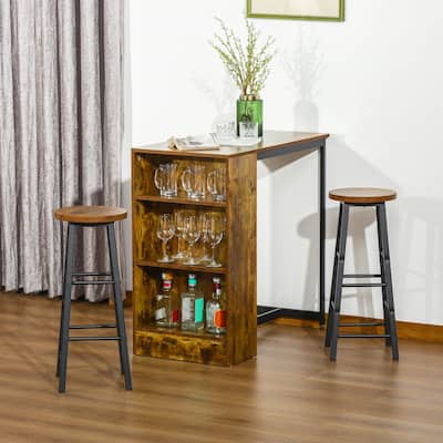 HOMCOM 3 Piece Industrial Style Bar Table Set, Pub Dining Table Set Height Table and 2 Stools, Rustic Brown