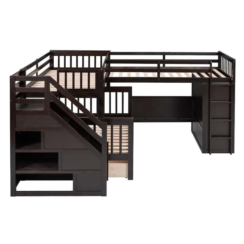 Merax Twin-Twin over Full L-Shaped Bunk Bed With 3 Drawers, Portable Desk and Wardrobe