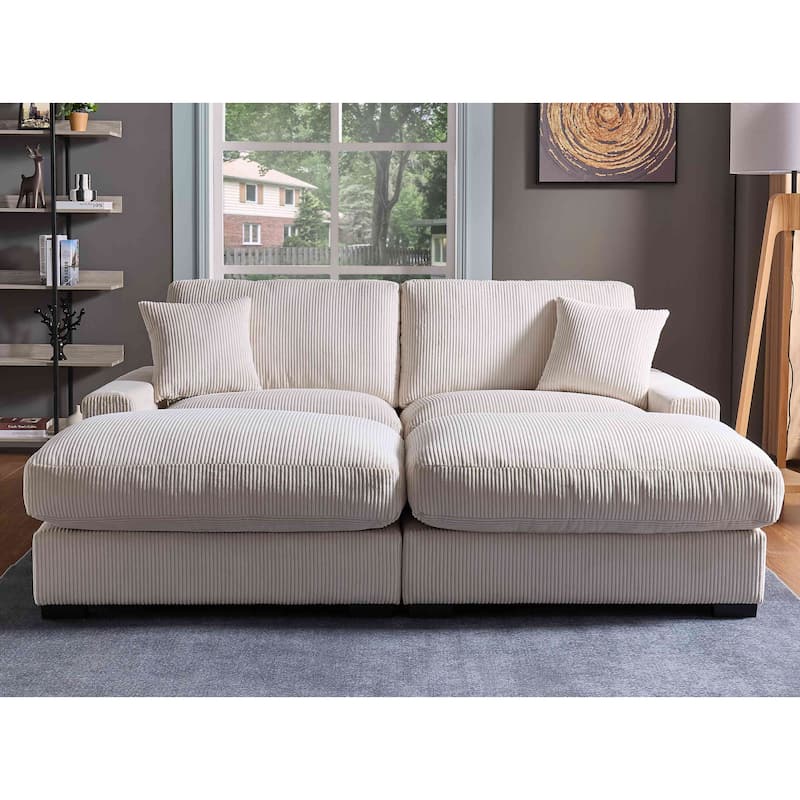Corduroy Deep Seat Sectional Sofa with Ottoman Chaise and Pillows