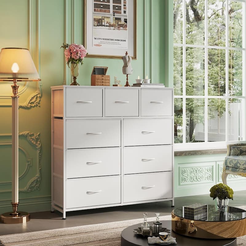Dresser for Bedroom with 9 Fabric Drawers, Tall Chest Organizer Units for Clothing, Closet, Kidsroom, Storage Tower with Cabinet - White
