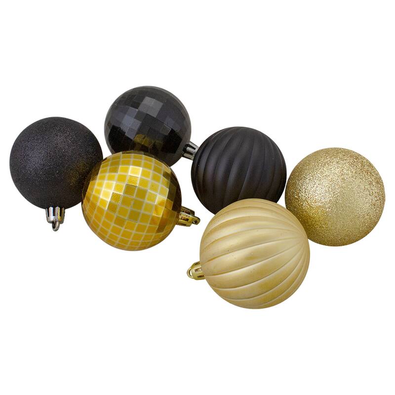 100ct Black and Gold Shatterproof 3-Finish Christmas Ornaments 2.5"