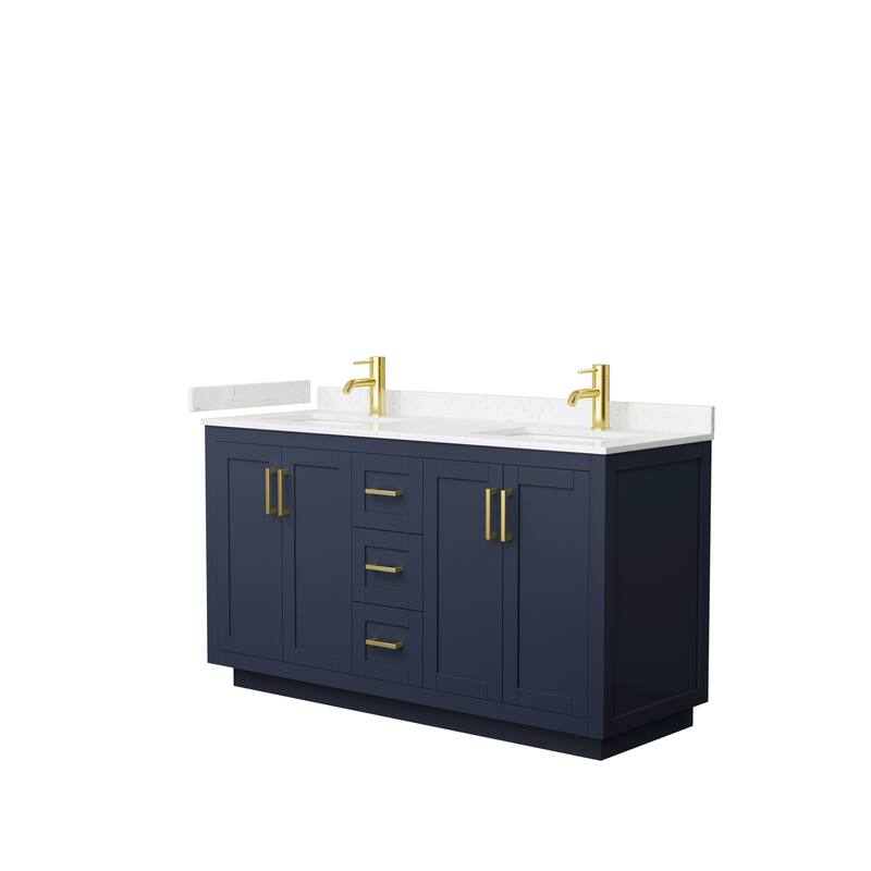 Miranda Double Vanity Set, Cultured Marble Top, No Mirror - 60-Inch Double - Dark Blue, Gold Trim, Carrara Cultured Marble Top