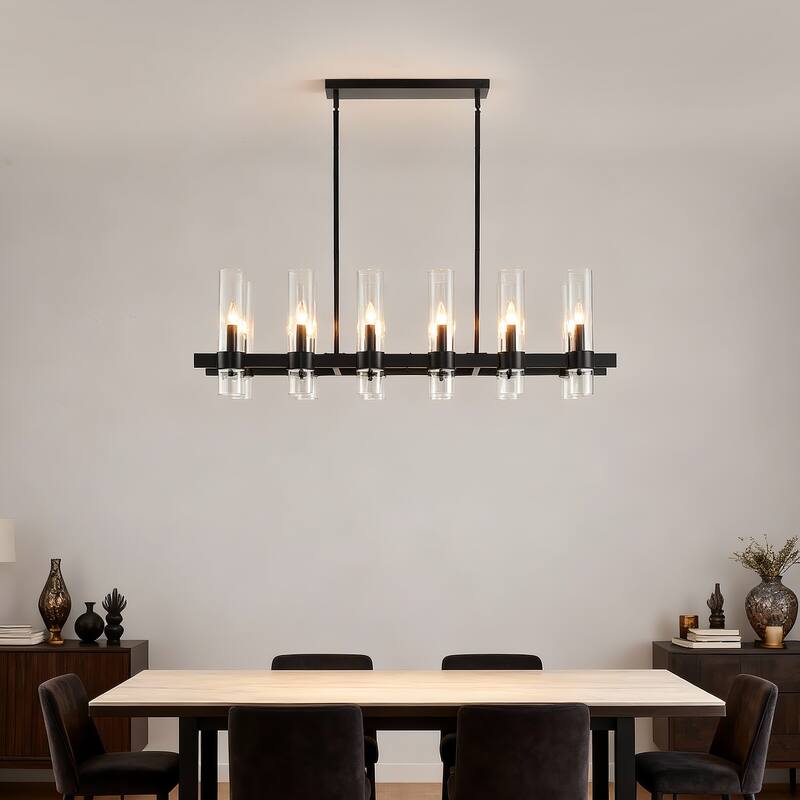 Black Chandelier Linear with Clear Glass Shade, 12-Lights Farmhouse Ceiling Hanging Fixture Over Table,NO INCLUDED BULBS