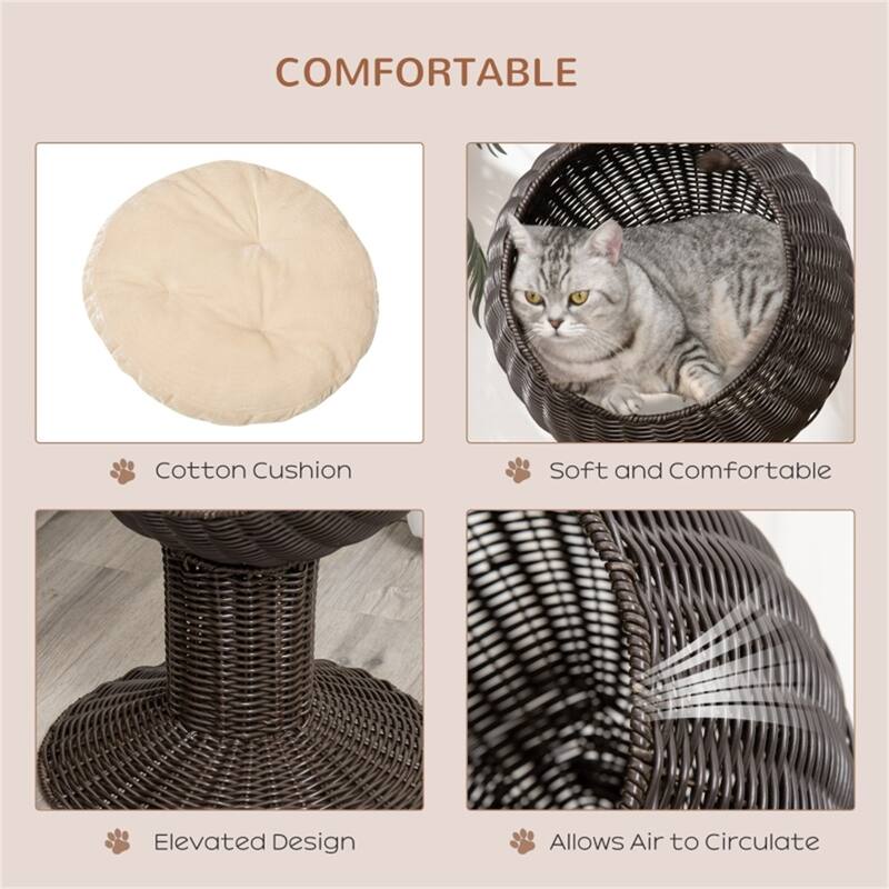 Elevated Kitty Hut with Rotating Plush Basket Cozy Hideaway for Small Cats Up to 10 lbs Coffee