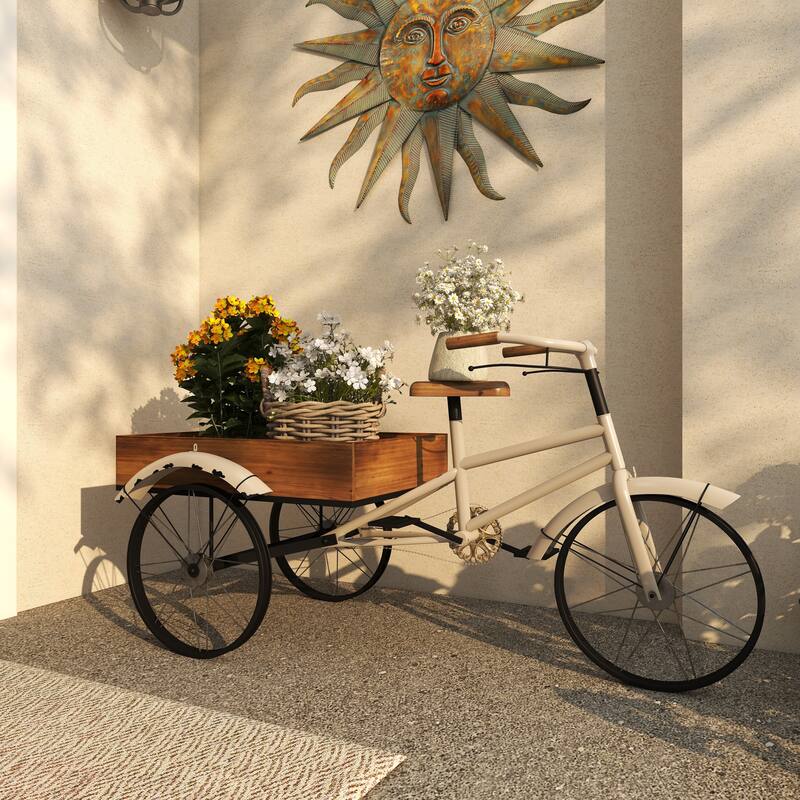 White Metal Indoor Outdoor Vintage Bike Indoor Outdoor Plantstand with Brown Wood Accents