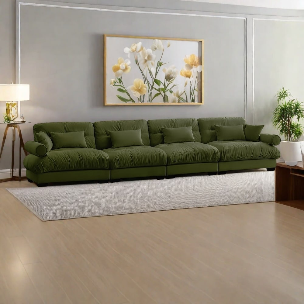 166" Velvet 4-Seater Sofa with Bolster Armrests, High-Resilience Sponge Cushions