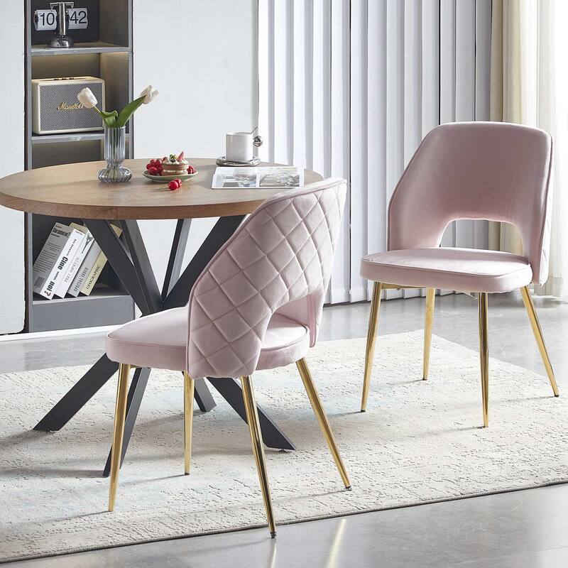 Pink Velvet Dining Chairs with Metal Legs and Hollow Back Upholstered Dining Chairs Set of 2