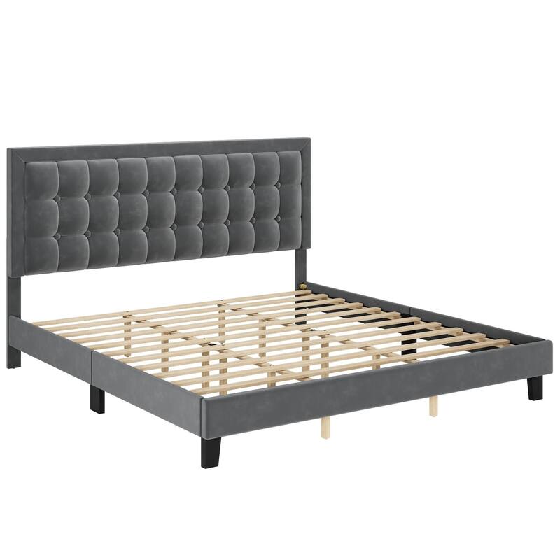 Button Tufted Velvet Platform Bed with Adjustable Headboard