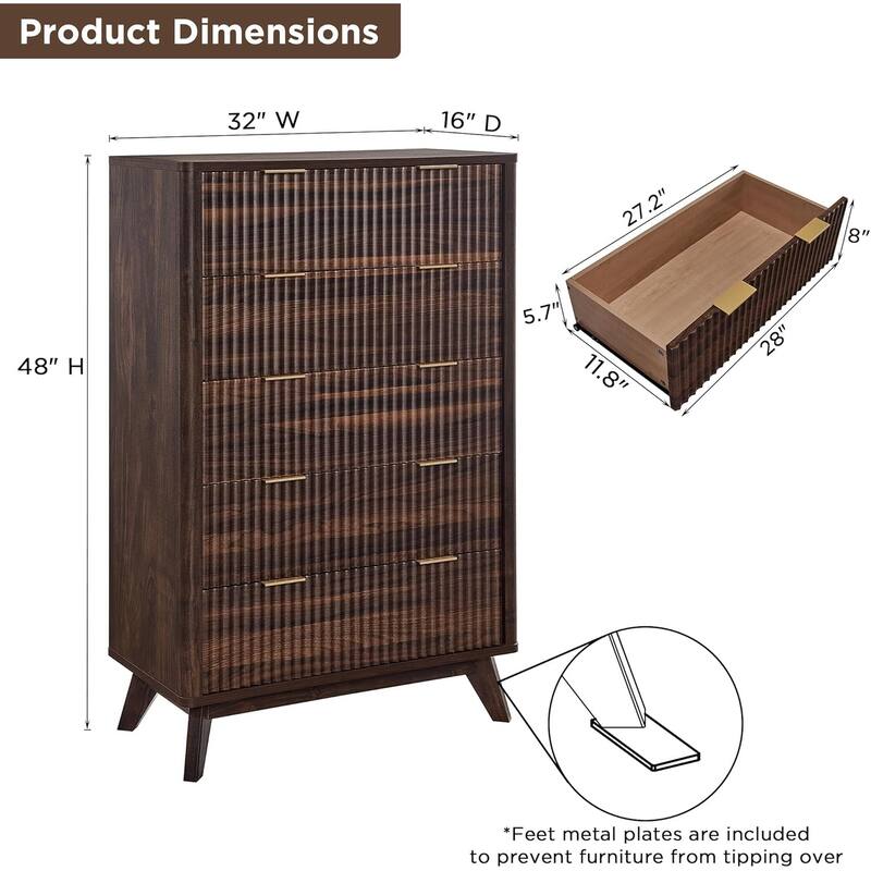 Modern Fluted 5 Drawers Dresser, Chest of Drawers, Dresser TV Stand