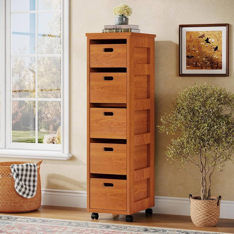 5 Drawers Narrow Wood Storage Drawer Units with Wheels. Tall Narrow Wood Organizer Tower for Bedroom, Living Room, Hallway