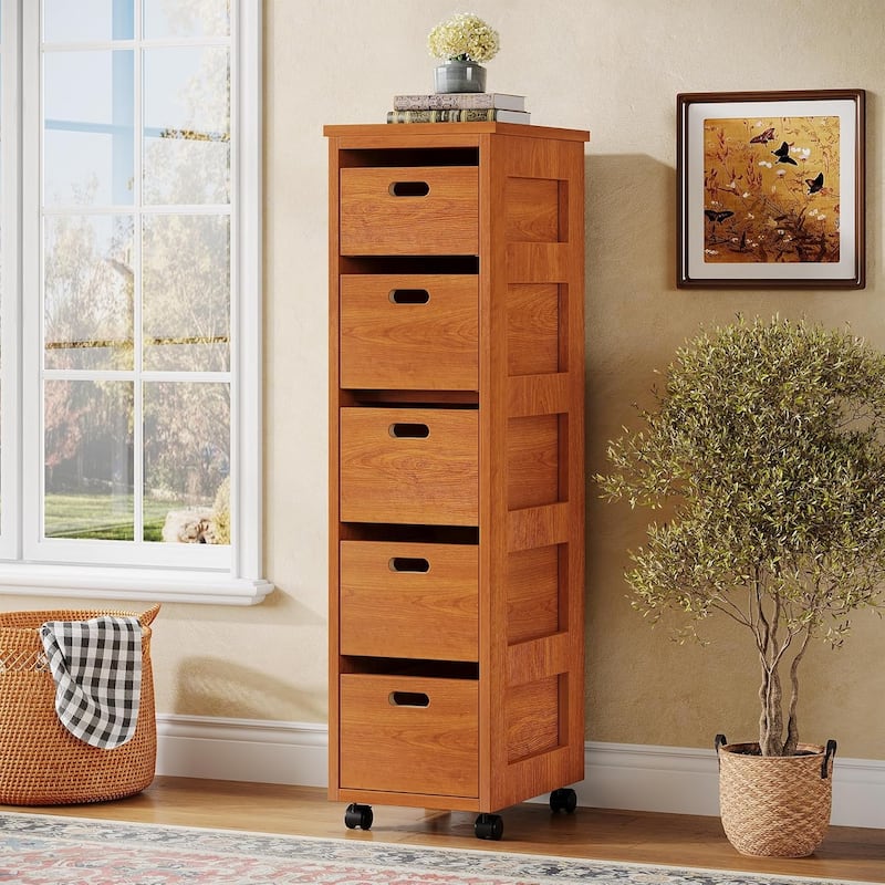 5 Drawers Slim Vertical Storage Drawer Units with Wheels, Tall Narrow Wood Organizer Tower for Bedroom, Living Room, Hallway - Walnut Brown