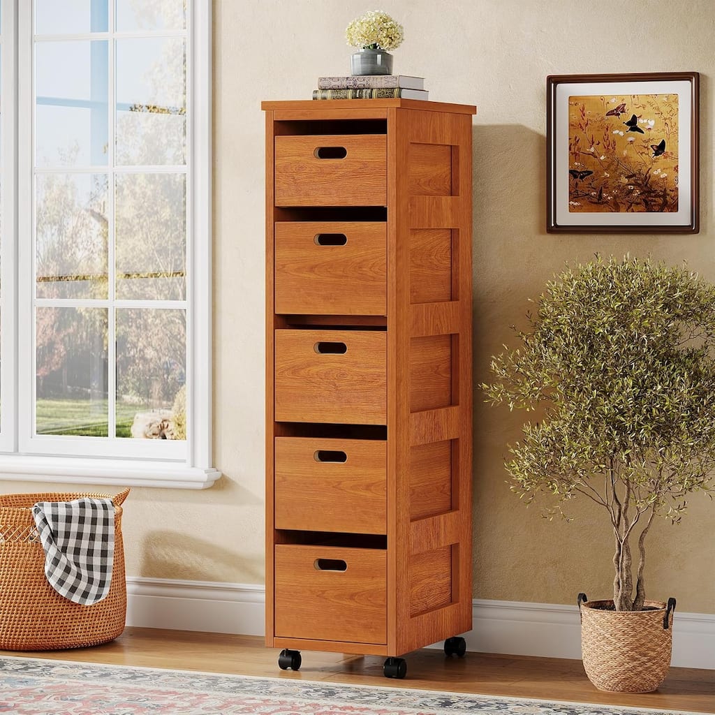 5 Drawers Slim Vertical Storage Drawer Units with Wheels, Tall Narrow Wood Organizer Tower for Bedroom, Living Room, Hallway