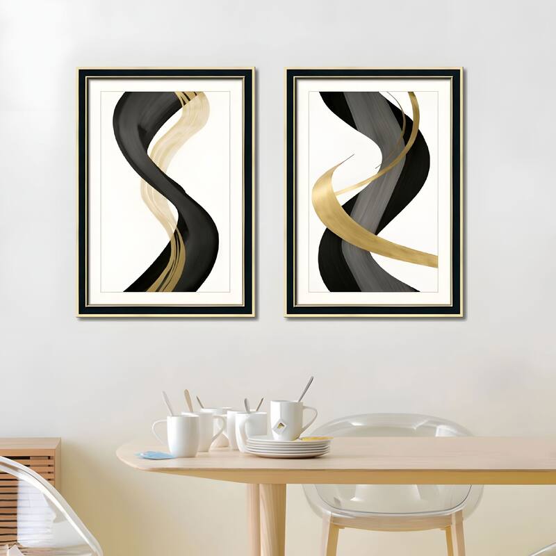Set of 3 Black and Gold Abstract Framed Wall Art - Replaceable Canvas Prints with Solid Wood Picture Frames