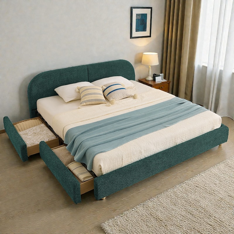 Upholstered Bed Frame with Tall Curved Headboard and Storage Drawers, Modern Minimalist Platform Bed No Box Spring